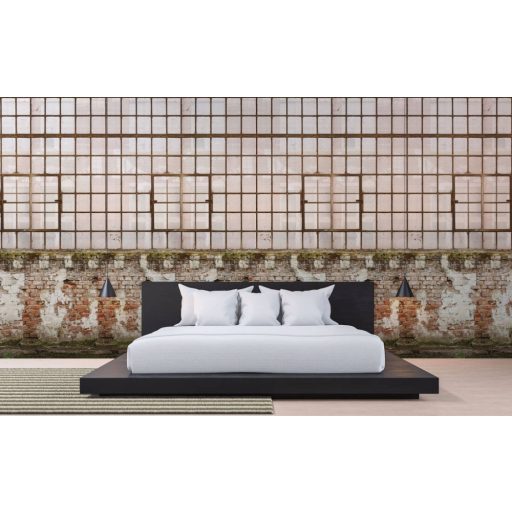 Abszolút Ipari! Elhagyott gyárcsarnok - mohásodó téglafal nagy ablakokkal krém bézs barna vörös és zöld tónus falpanel