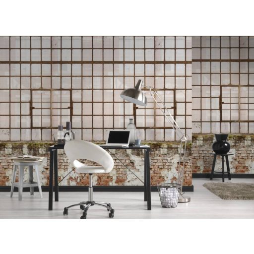 Abszolút Ipari! Elhagyott gyárcsarnok - mohásodó téglafal nagy ablakokkal krém bézs barna vörös és zöld tónus falpanel