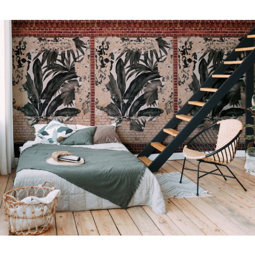 Trópusi levelek mindenhol felbukkanhatnak - most a téglafalon törnek át! bézs barna vörös szürke és fekete tónus falpanel