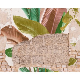   Kopott kő és téglafal nagyméretű pálmalevelek áttörésével bézs barna és zöld tónus falpanel