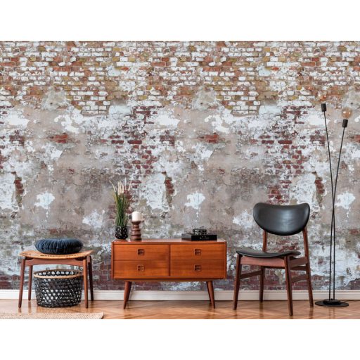 Erősen elhasználódott kopott vakolatú téglafal szürke fehér bézs szürkésbézs és vörös tónus falpanel