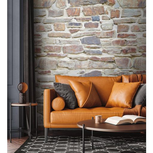 Autentikus természetes szines kőfal sok habarcs használatával szürke bézs barna vörös sárga és kék tónus falpanel