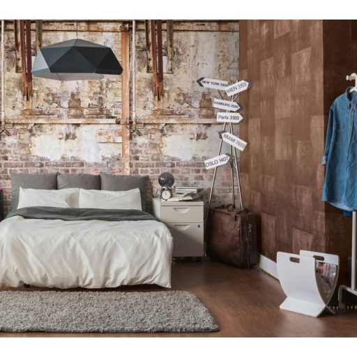 Abszolút Ipari! Gyárcsarnok fala erősen használt vasszerkezettel és csövekkel bézs barna vörös rozsda és fekete tónus falpanel