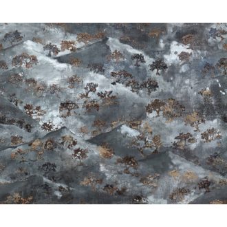   Japandi stílusú természet ábrázolás - Hegyvonulat bonsai fákkal fehér szürkéskék szürke és barna tónus falpanel