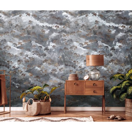 Japandi stílusú természet ábrázolás - Hegyvonulat bonsai fákkal fehér szürkéskék szürke és barna tónus falpanel