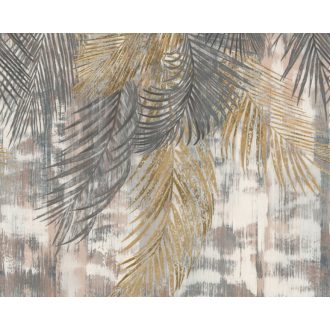   Natur fal fentről alázúduló filigrán trópusi levelekkel krém bézs szürke barna és sárágásbarna tónus falpanel