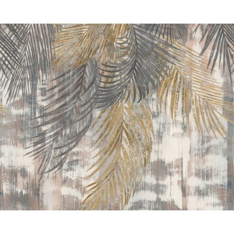 Natur fal fentről alázúduló filigrán trópusi levelekkel krém bézs szürke barna és sárágásbarna tónus falpanel