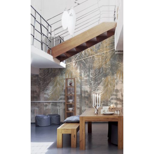 Natur fal fentről alázúduló filigrán trópusi levelekkel krém bézs szürke barna és sárágásbarna tónus falpanel