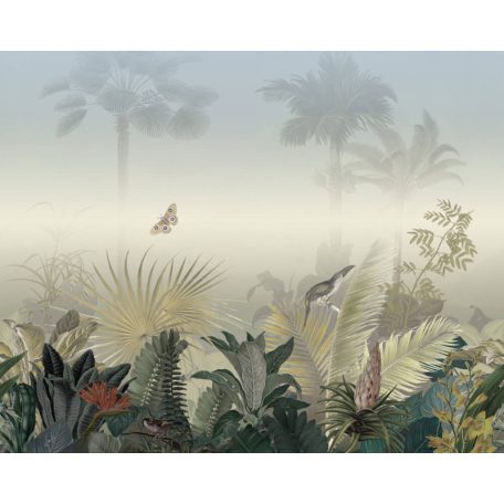 Párába vesző idilli trópusi életkép madarakkal pillangókkal ködszürke zöld kék szines falpanel