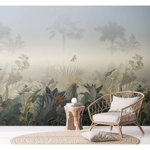 Párába vesző idilli trópusi életkép madarakkal pillangókkal ködszürke zöld kék szines falpanel