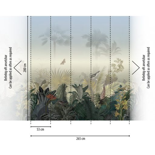 Párába vesző idilli trópusi életkép madarakkal pillangókkal ködszürke zöld kék szines falpanel