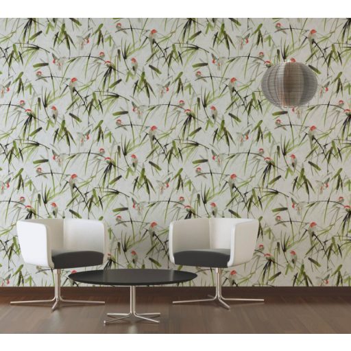 Életkép a bambuszlevelek között szines madarakkal törtfehér zöld sötétszürke és piros tónus falpanel