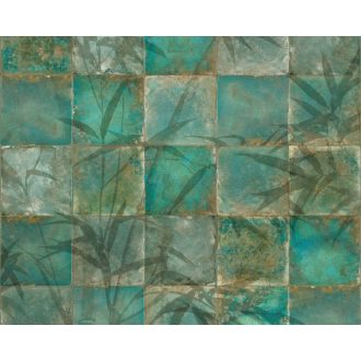   WOOW! Koptatott színátmenetes csempe áttünő trópusi levelekkel bézs barna kék türkiz és zöld tónus falpanel