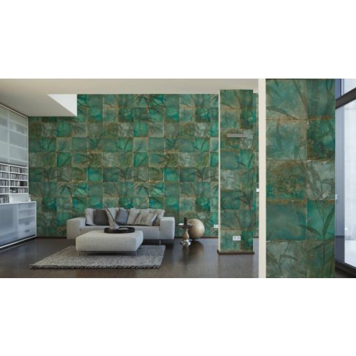 WOOW! Koptatott színátmenetes csempe áttünő trópusi levelekkel bézs barna kék türkiz és zöld tónus falpanel
