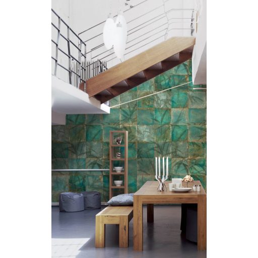 WOOW! Koptatott színátmenetes csempe áttünő trópusi levelekkel bézs barna kék türkiz és zöld tónus falpanel