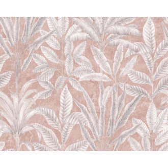   Részletesen kidolgozott trópusi levélmotívum antik rózsaszín/halvány korall fehér bézs és szürke tónus falpanel