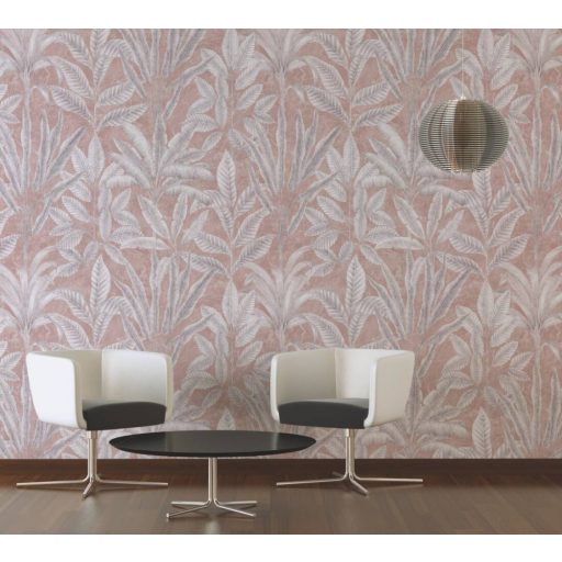 Részletesen kidolgozott trópusi levélmotívum antik rózsaszín/halvány korall fehér bézs és szürke tónus falpanel