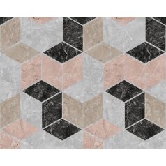   Háromdimenziós geometrikus minta - kockák lépcsőzetes elrendezésben bézs szürke fekete és rózsa/korallszín tónus falpanel