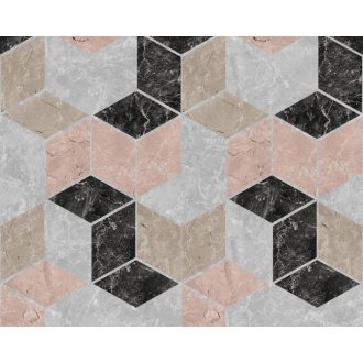   Háromdimenziós geometrikus minta - kockák lépcsőzetes elrendezésben bézs szürke fekete és rózsa/korallszín tónus falpanel