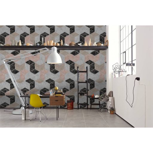 Háromdimenziós geometrikus minta - kockák lépcsőzetes elrendezésben bézs szürke fekete és rózsa/korallszín tónus falpanel