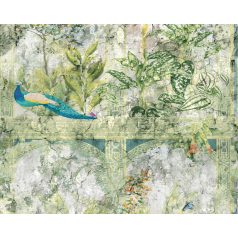   Itt áll egy páváskodó szépségideál - trópusi levélmotívum pávával fehér szürke zöld kék szines falpanel