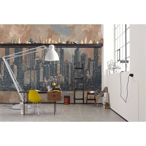Nagyváros felhőkarcolóinak sziluettje egyedi felhőképpel bézs szürke narancs kék és barna tónus falpanel