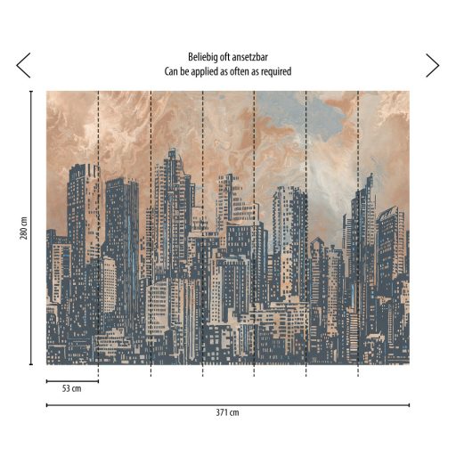 Nagyváros felhőkarcolóinak sziluettje egyedi felhőképpel bézs szürke narancs kék és barna tónus falpanel