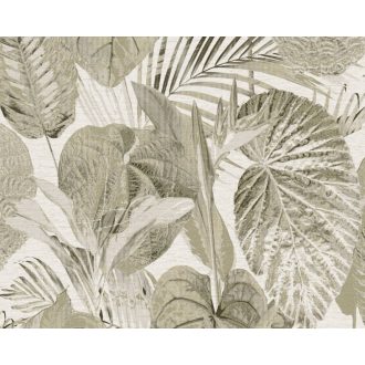   Változatos trópusi levelek harmonikus mintája krém bézs barna és fémes arany tónus tapéta