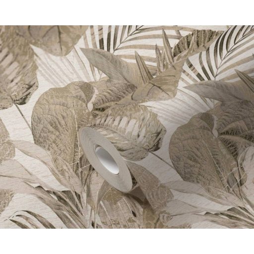 Változatos trópusi levelek harmonikus mintája krém bézs barna és fémes arany tónus tapéta