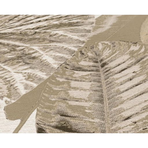 Változatos trópusi levelek harmonikus mintája krém bézs barna és fémes arany tónus tapéta