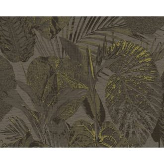   Változatos trópusi levelek harmonikus mintája barna zöld zöldesbarna és fémes arany tónus tapéta