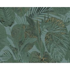   Változatos trópusi levelek harmonikus mintája kékeszöld zöld fekete és fémes arany tónus tapéta