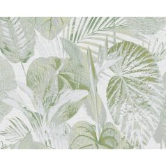   Változatos trópusi levelek harmonikus mintája fehér szürke zöld és fémes arany tónus tapéta