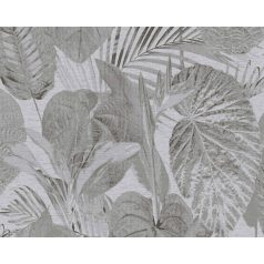   Változatos trópusi levelek harmonikus mintája világosszürke szürke és fekete és fémes ezüst tónus tapéta