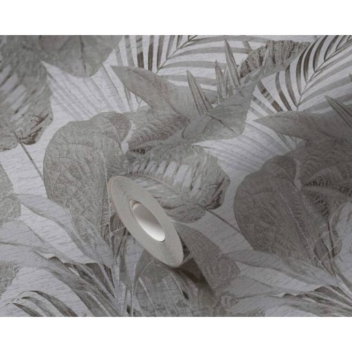 Változatos trópusi levelek harmonikus mintája világosszürke szürke és fekete és fémes ezüst tónus tapéta