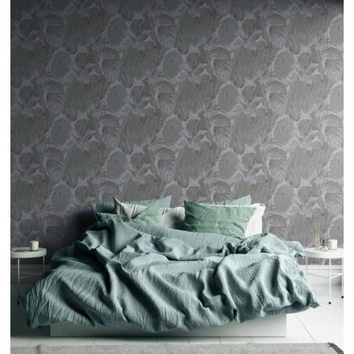 Változatos trópusi levelek harmonikus mintája világosszürke szürke és fekete és fémes ezüst tónus tapéta