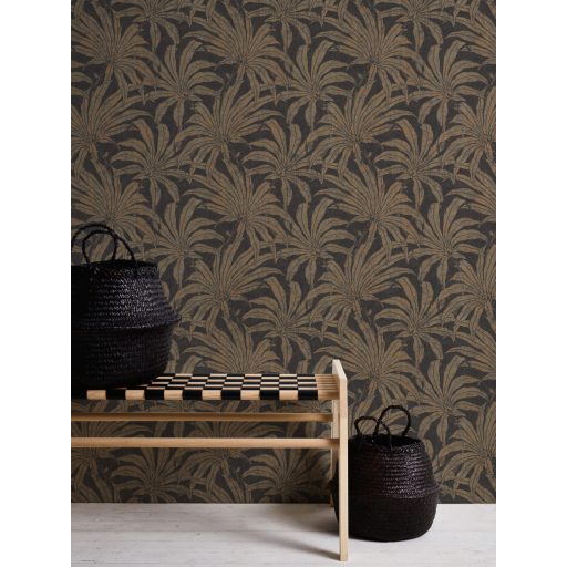 Trópusi levelek modern fémes megjelenítésben fekete arany és rézszín tónus fémes hatás tapéta