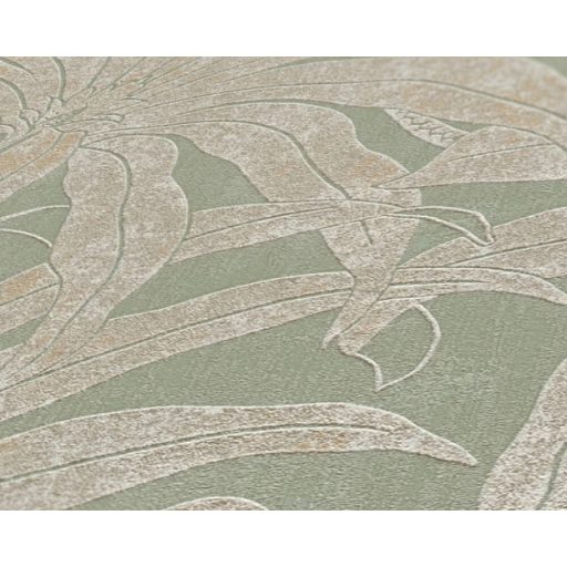 Trópusi levelek modern fémes megjelenítésben zöld bézs és arany/bézsarany tónus fémes hatás tapéta