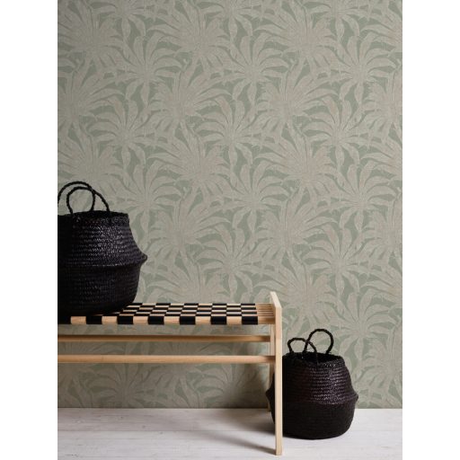 Trópusi levelek modern fémes megjelenítésben zöld bézs és arany/bézsarany tónus fémes hatás tapéta