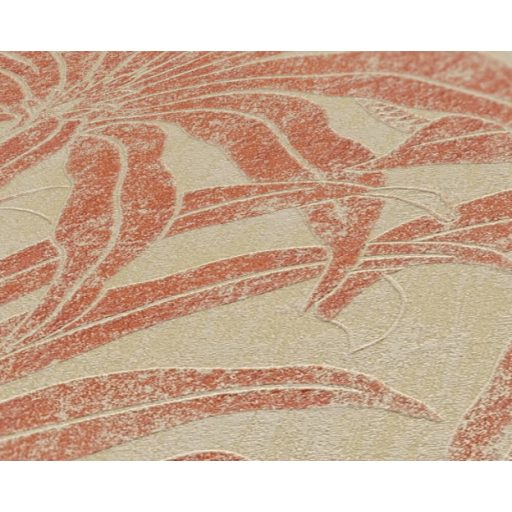 Trópusi levelek modern fémes megjelenítésben bézs és vöröses narancs tónus fémes hatás tapéta