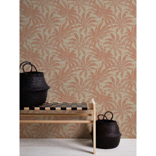 Trópusi levelek modern fémes megjelenítésben bézs és vöröses narancs tónus fémes hatás tapéta