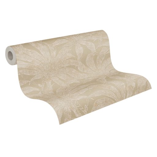 Trópusi levelek modern fémes megjelenítésben bézs szürkésbézs és arany tónus fémes hatás tapéta