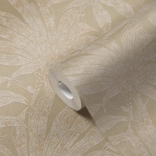 Trópusi levelek modern fémes megjelenítésben bézs szürkésbézs és arany tónus fémes hatás tapéta