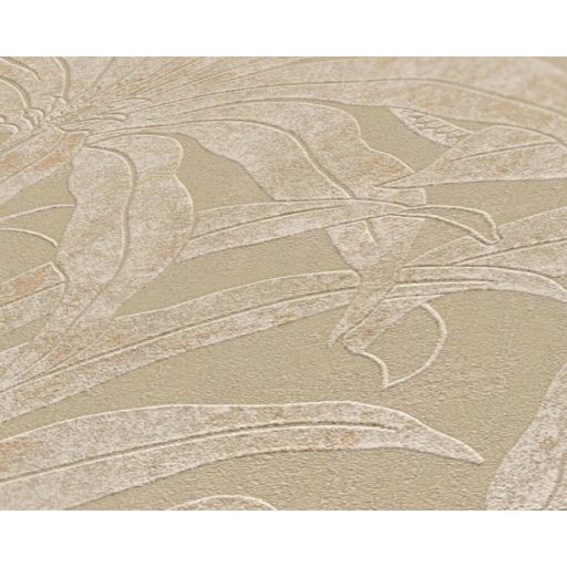 Trópusi levelek modern fémes megjelenítésben bézs szürkésbézs és arany tónus fémes hatás tapéta