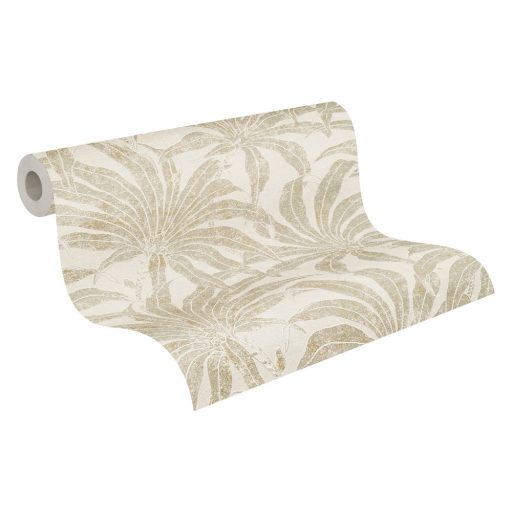 Trópusi levelek modern fémes megjelenítésben krém szürkésbézs fehér ezüst és arany tónus fémes hatás tapéta