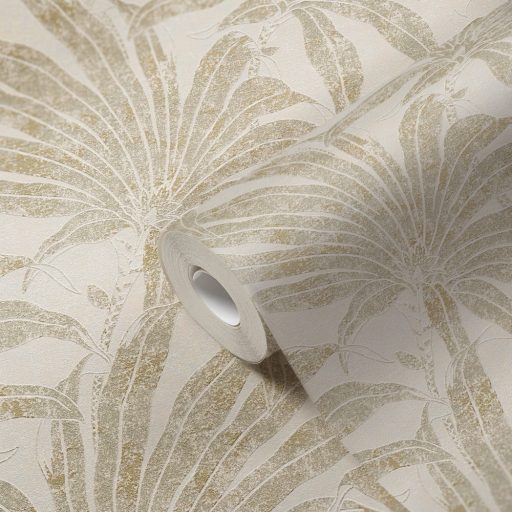 Trópusi levelek modern fémes megjelenítésben krém szürkésbézs fehér ezüst és arany tónus fémes hatás tapéta