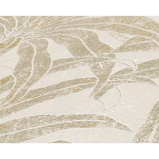 Trópusi levelek modern fémes megjelenítésben krém szürkésbézs fehér ezüst és arany tónus fémes hatás tapéta