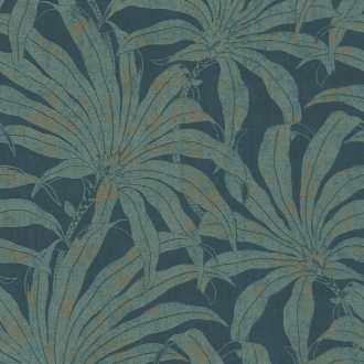   Trópusi levelek modern fémes megjelenítésben petrolkék zöld és arany tónus fémes hatás tapéta