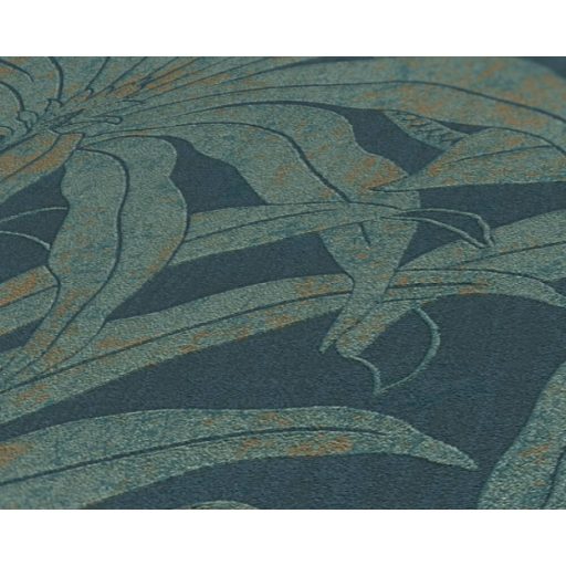 Trópusi levelek modern fémes megjelenítésben petrolkék zöld és arany tónus fémes hatás tapéta