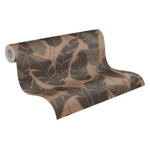 Szemet gyönyörködtető trópusi illusztráció - pálmalevelek 3D mintája bézses rózsaszín barna szürke és arany fémes hatás tapéta